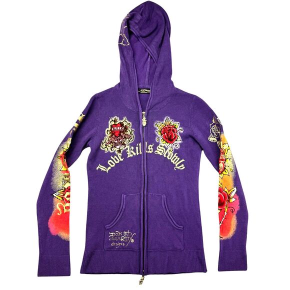 Ed Hardy Tops - Ed Hardy Hoodie Women's M Purple Vintage Y2K  Zip Up Sweater Love Kills Slowly